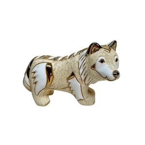 RARE De Rosa Rinconada Silver White Wolf Ceramic Figurine Gold CollectibleAnimal
